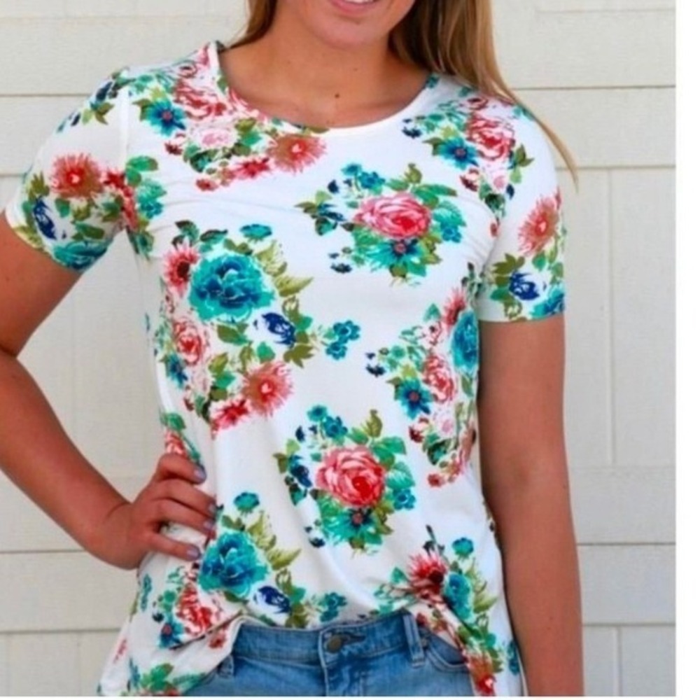 Sign Here Signature Clothing Floral Print Short Sleeve Tunic Top Women's L White
